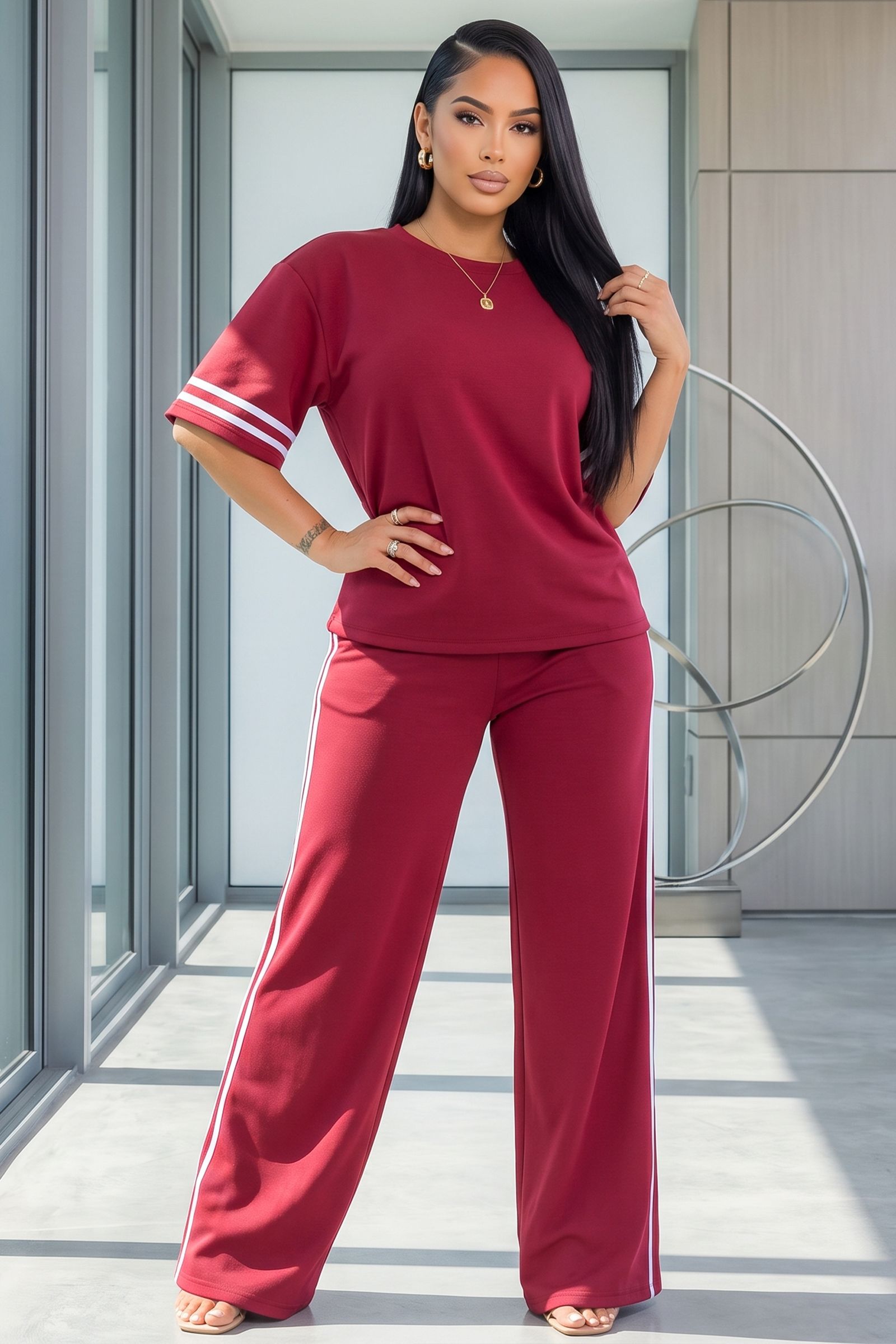6399-STRIPE PATTERN OVERSIZED T-SHIRT AND WIDE LEG PANT 2PC SET, Contents: