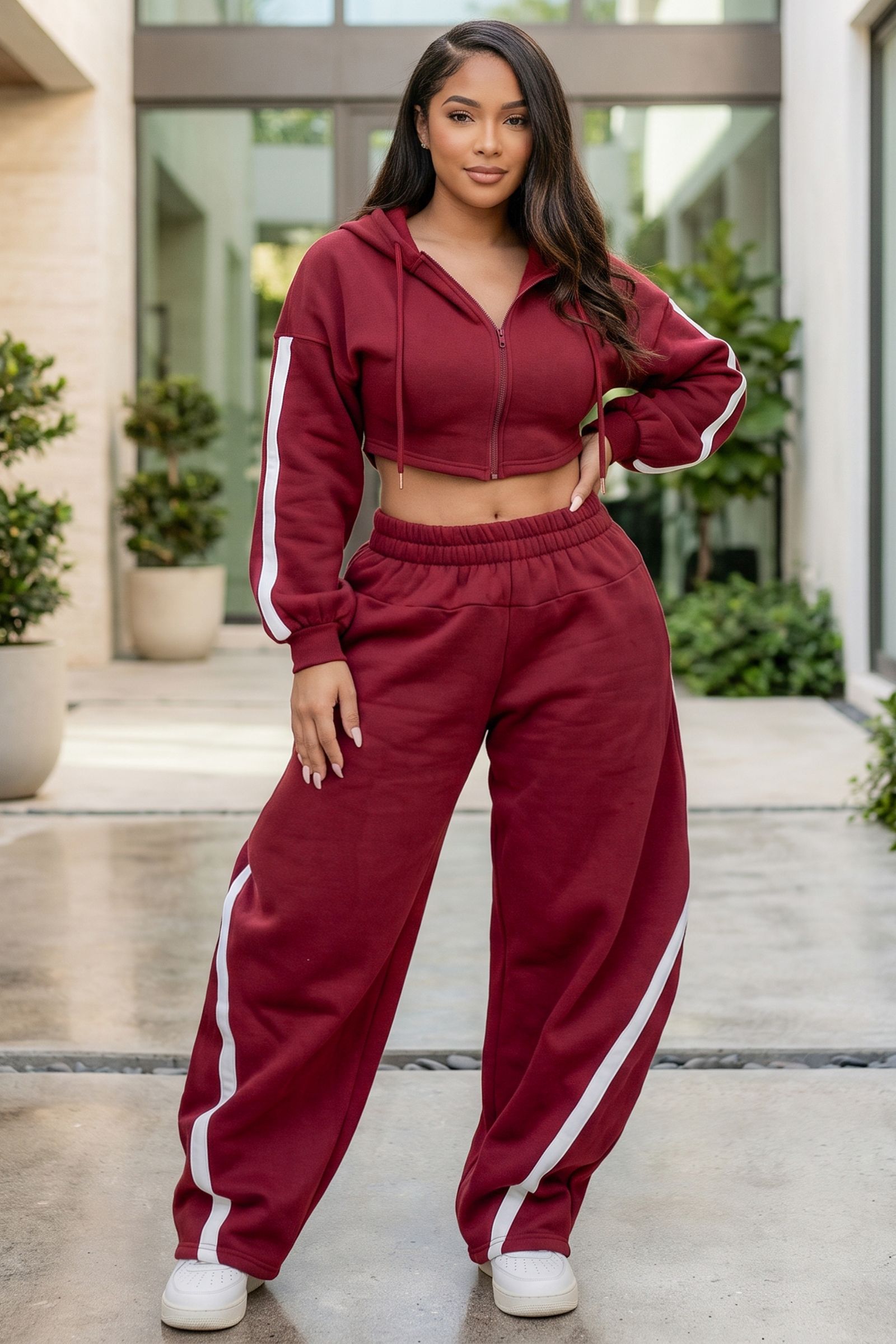 5628-LINE CONTRAST FLEECE HOODIE JACKET TOP AND BARREL JOGGER SET, Contents: