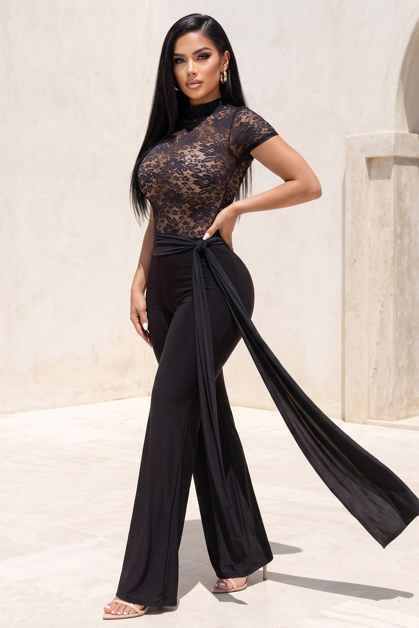 3900-SHORT SLEEVE LACE BODYSUIT AND WAIST TIE BOOT CUT PANT SET, Contents: