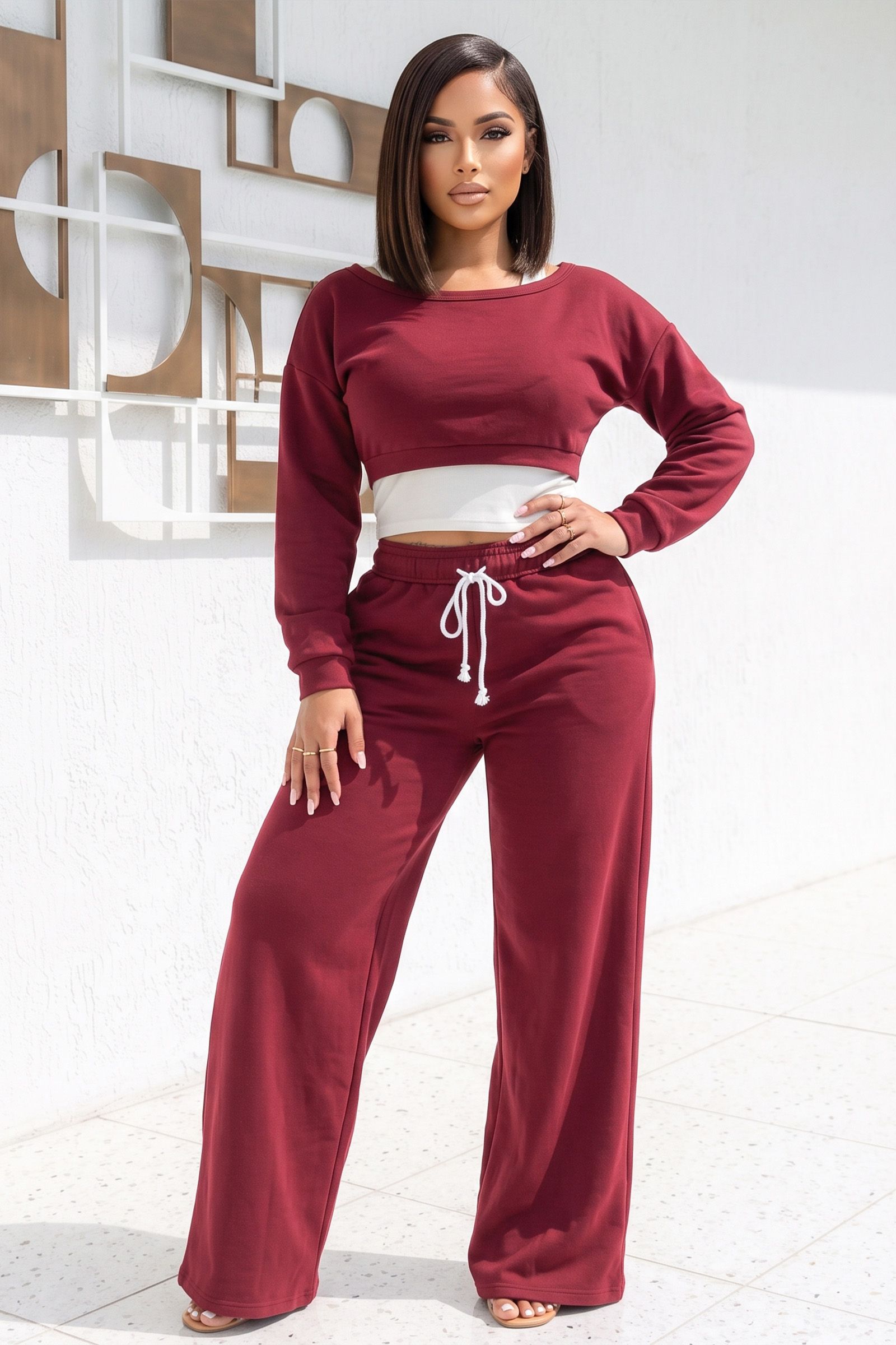 6401-DOUBLE LAYERED SWEATSHIRT AND WIDE LEG SWEATPANTS 2PC SET, Contents: