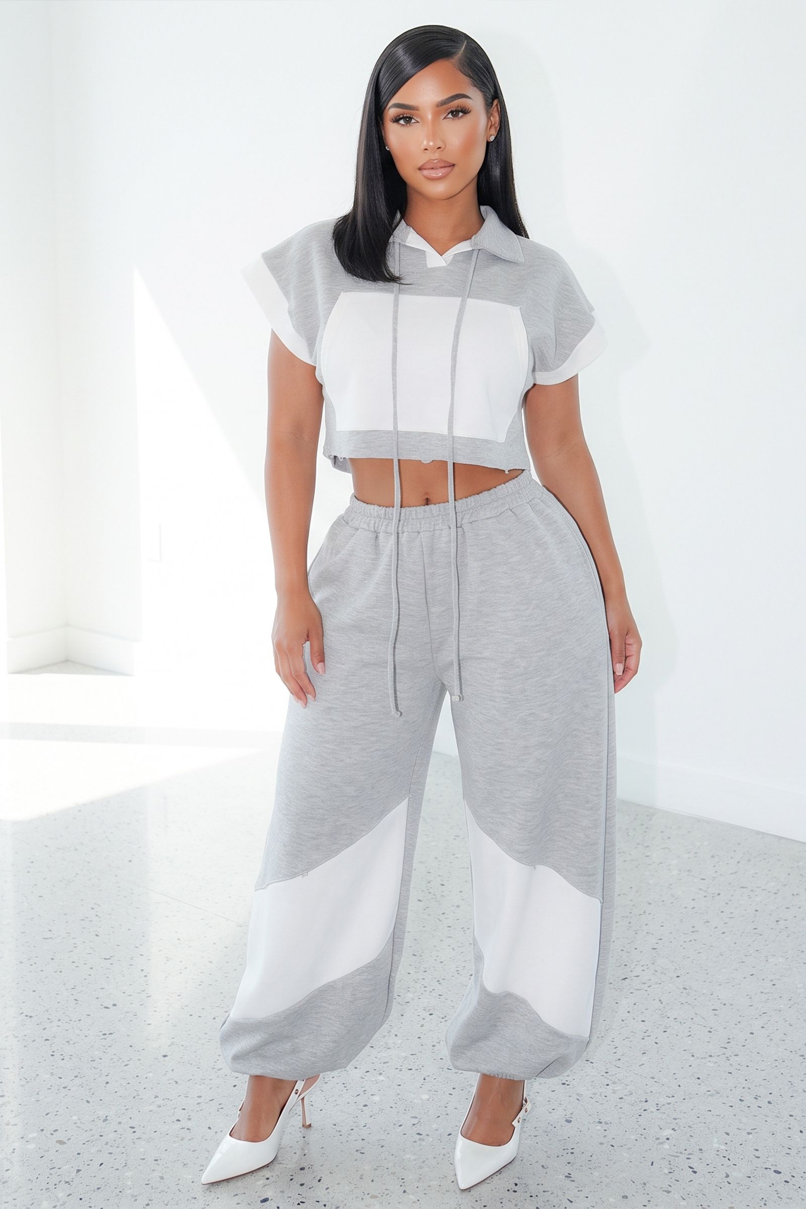 50339-WHITE COLOR BLOCK CAP SLEEVE HOODIE CROP TOP AND JOGGER SET, Contents: