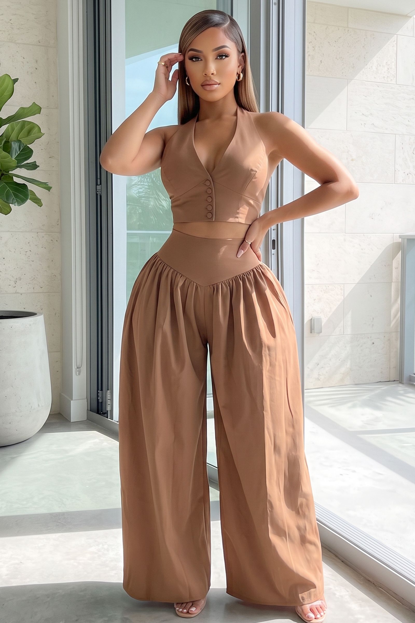 7512-V-NECK HALTER CROP TOP AND HIGH WAIST WIDE LEG PANT SET, Contents: