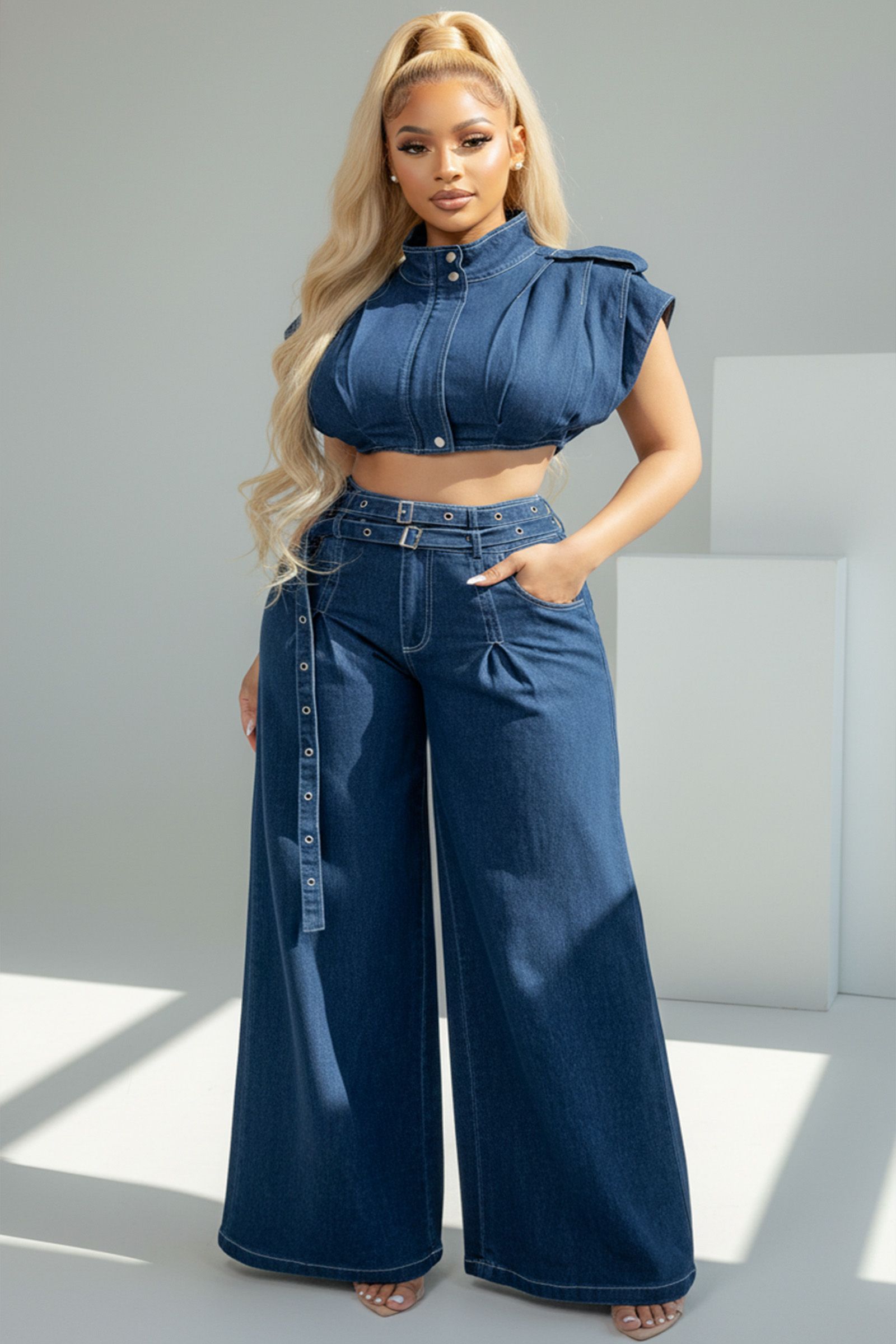 5441-CAP SLEEVE DENIM CROP JACKET AND WIDE LEG JEAN WITH BELT SET, Contents:
