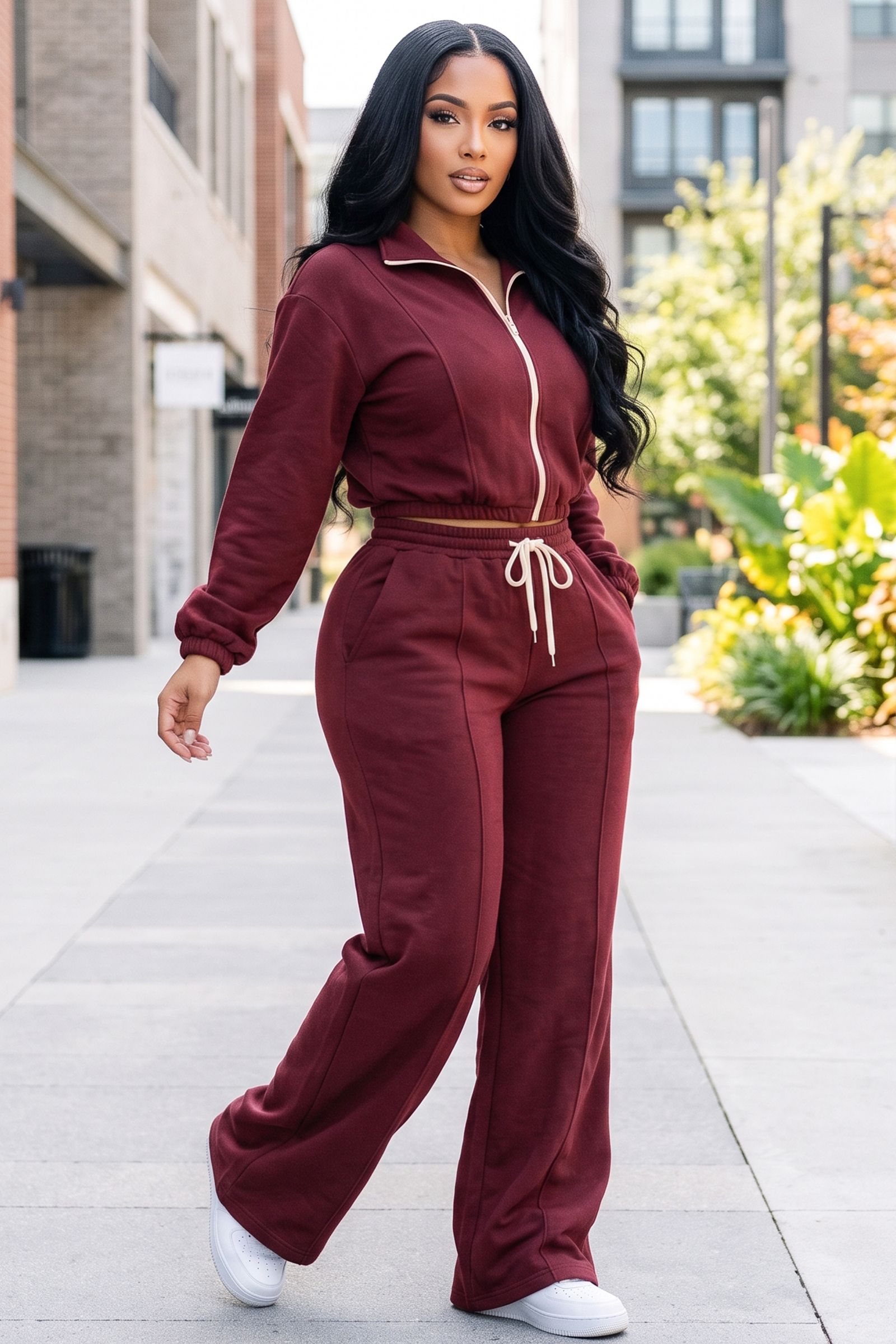 6383-LONG SLEEVE ZIP UP JACKET AND WIDE LEG PANT 2PC SET, Contents: