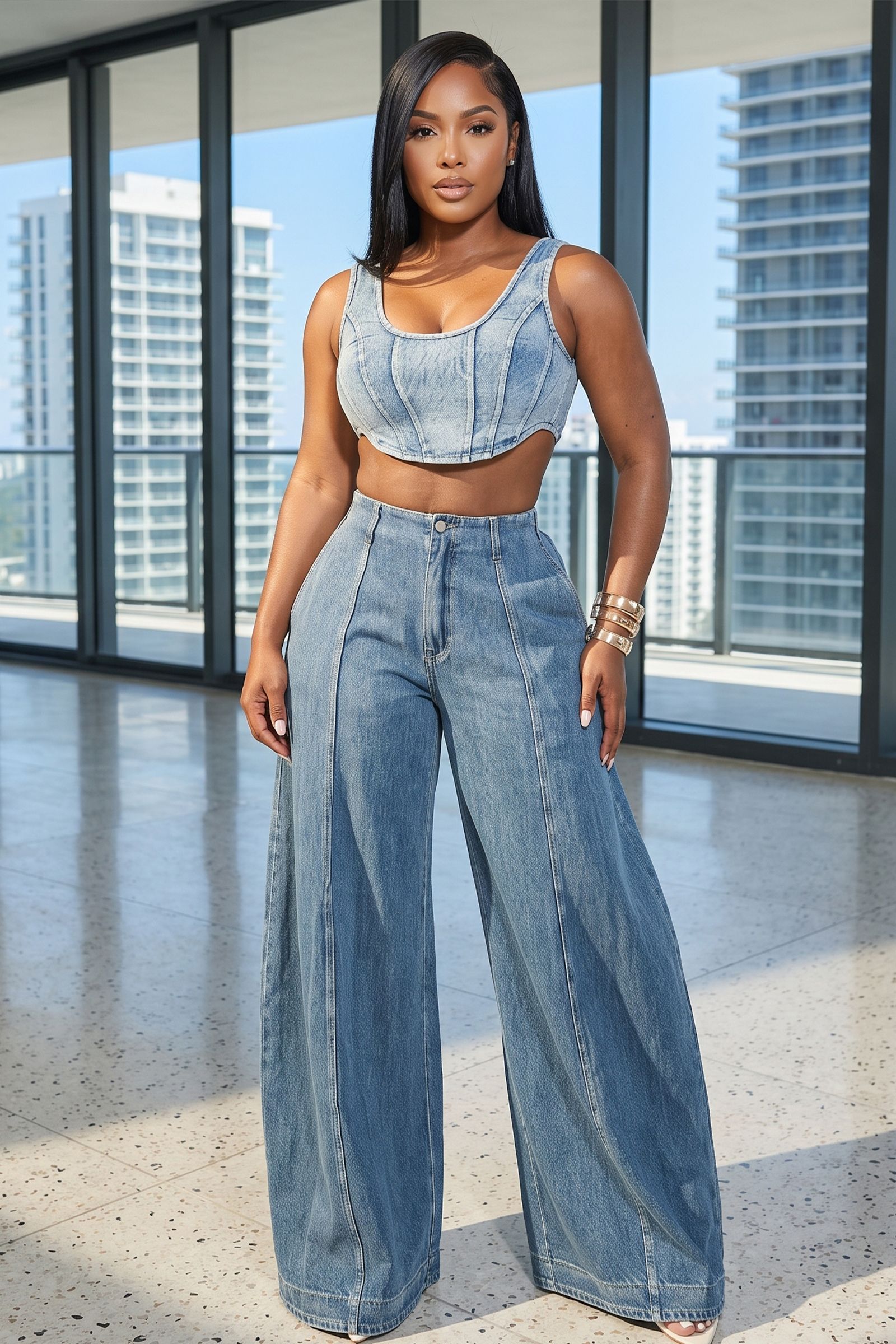 5531-SCOOP NECK DENIM SMOCKED CROP CORSET AND WIDE LEG JEAN SET, Contents: