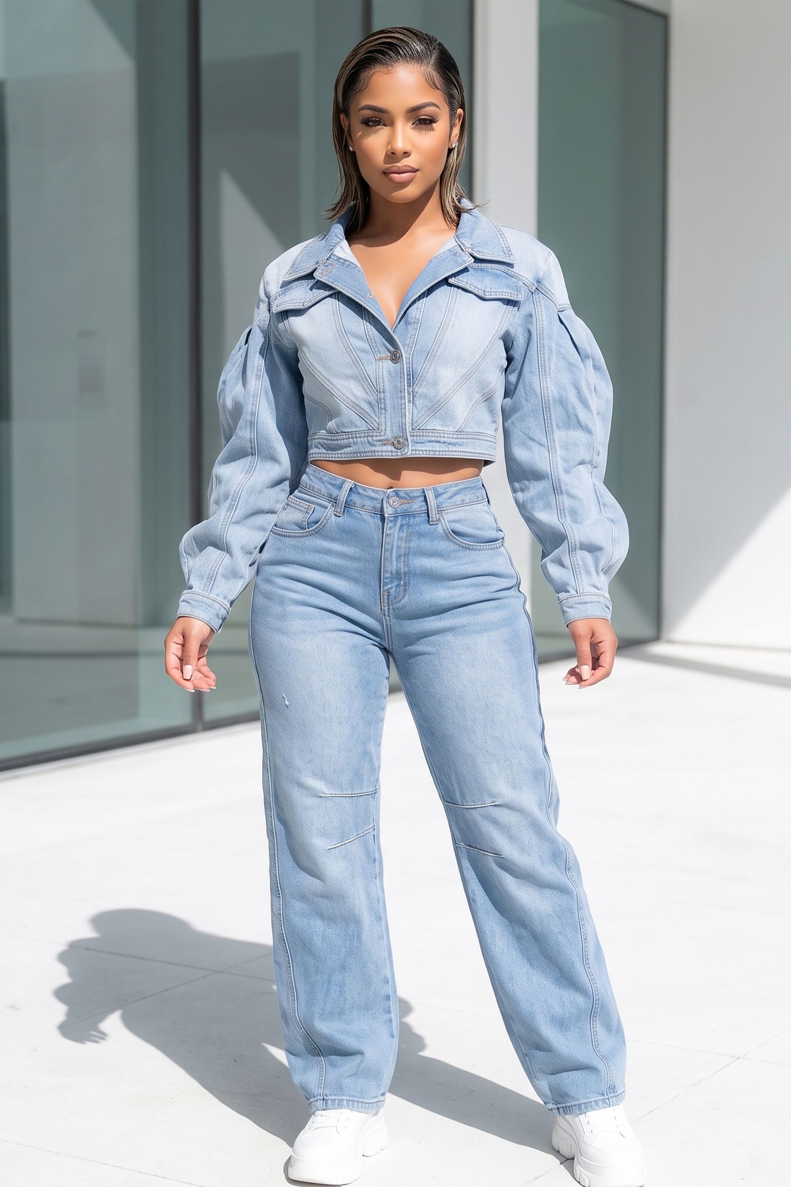 26218-LAPEL COLLAR BUBBLE SLEEVE CROP JACKET AND STRAIGHT LEG JEAN, Contents: