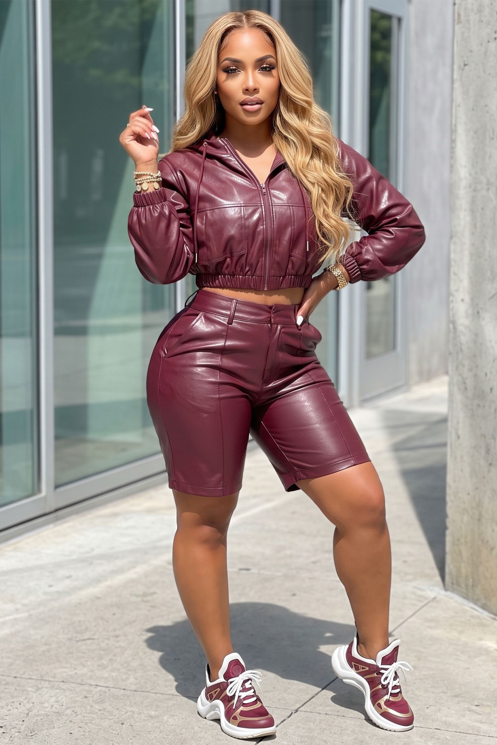 10045-PREMIUM FAUX LEATHER HOODIE JACKET AND BIKER SHORT 2PC SET, Contents: