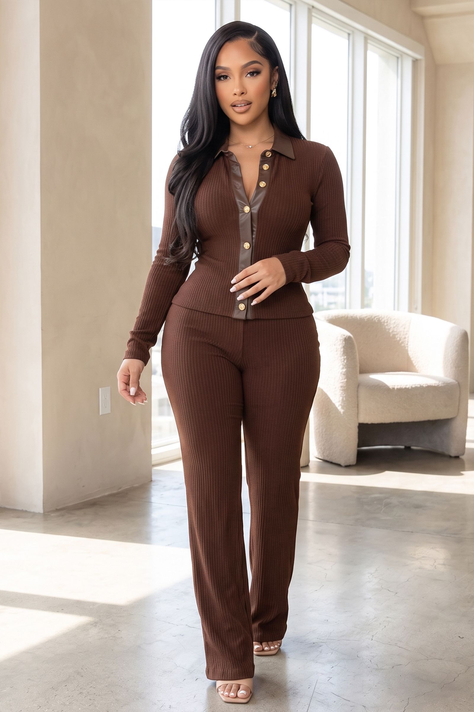 5543-PU CONTRAST BUTTON DOWN SHIRT TOP AND STRAIGHT LEG PANT SET, Contents: