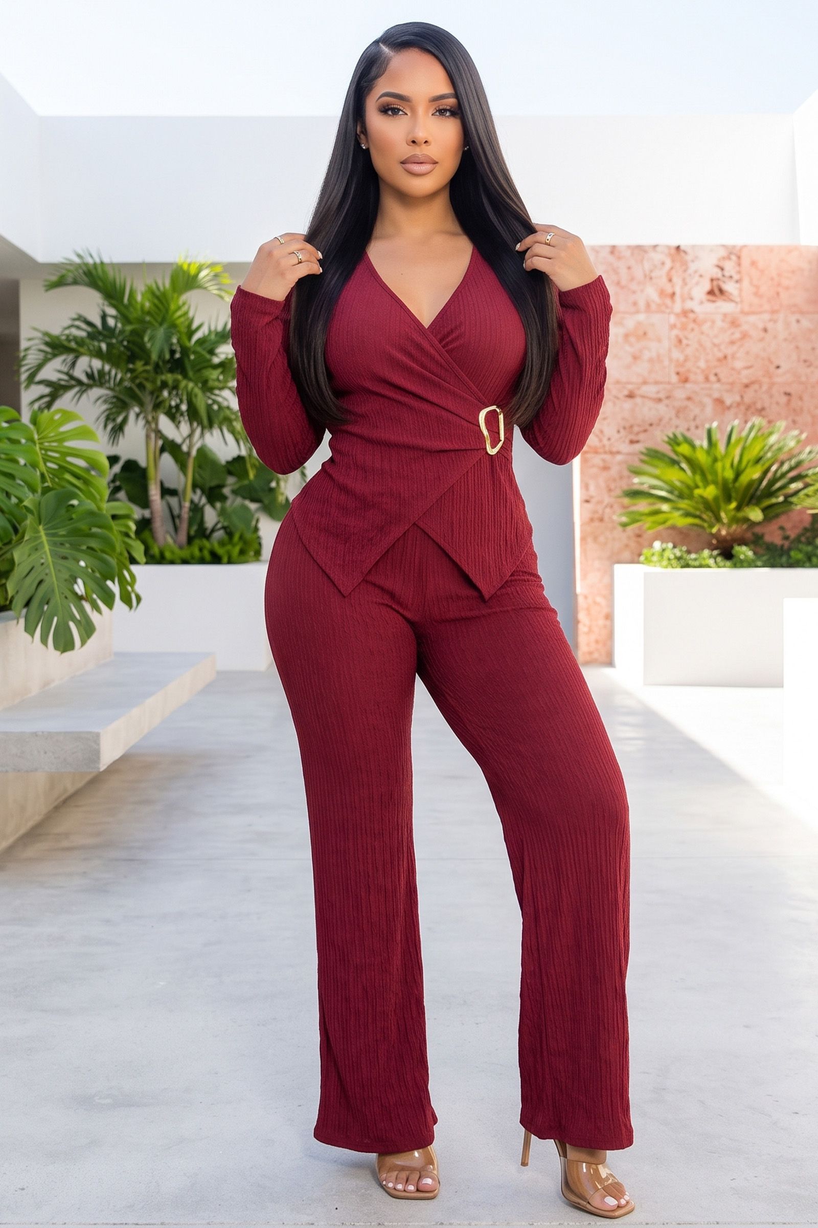 6516-WRAP STYLE V-NECK LONG SLEEVE TOP AND WIDE LEG PANT SET, Contents: