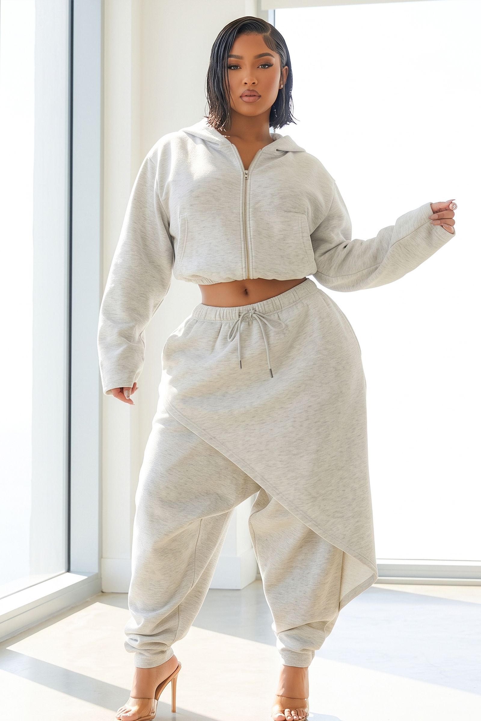 6526-ZIP UP HOODIE JACKET AND ASYMMETRICAL HEM LAYER JOGGER SET, Contents: