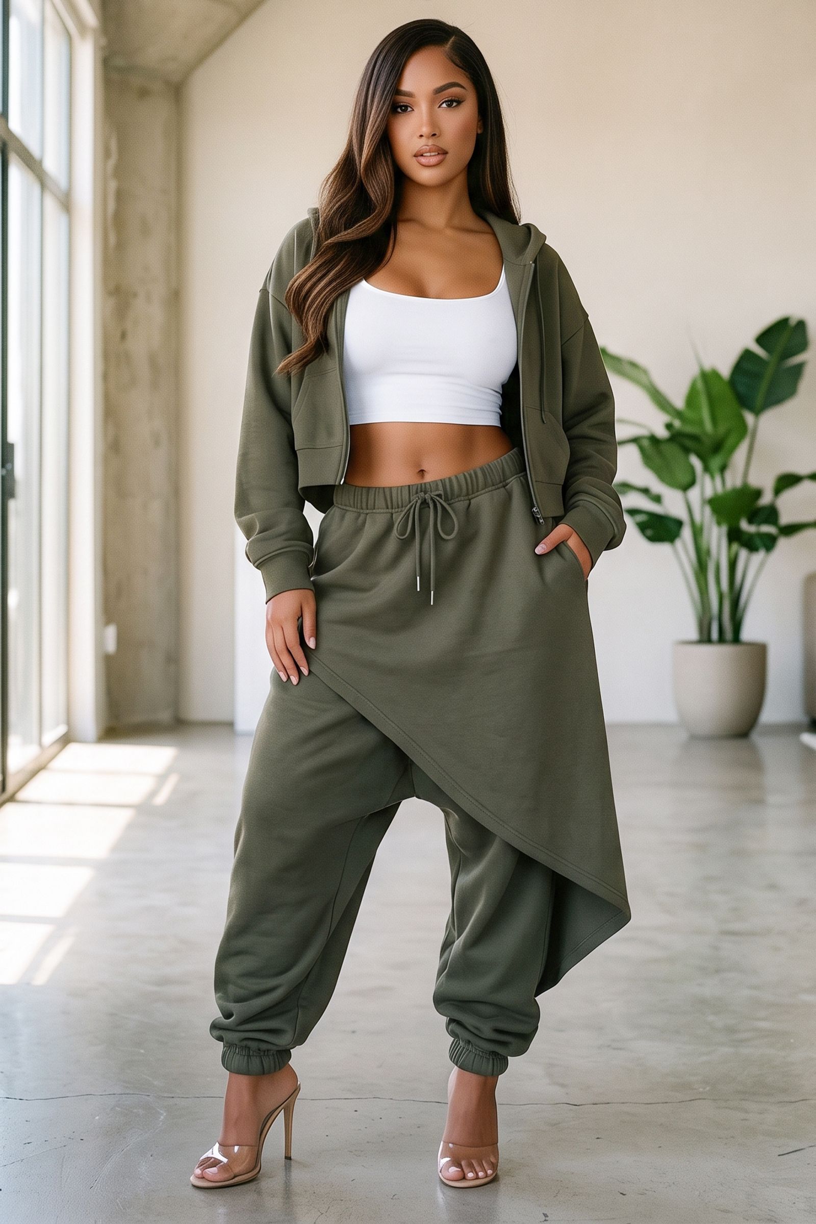 6526-ZIP UP HOODIE JACKET AND ASYMMETRICAL HEM LAYER JOGGER SET, Contents: