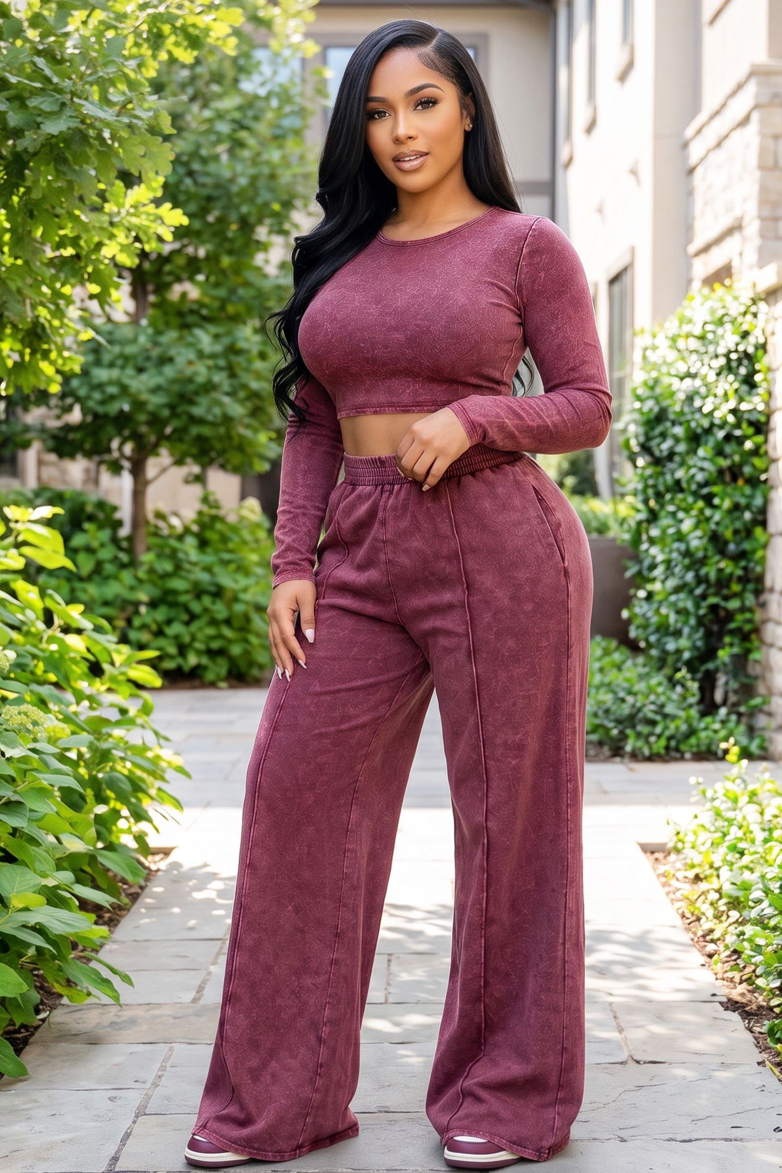 657-MINERAL WASHED LONG SLEEVE CROP TOP AND WIDE LEG PANT SET, Contents: