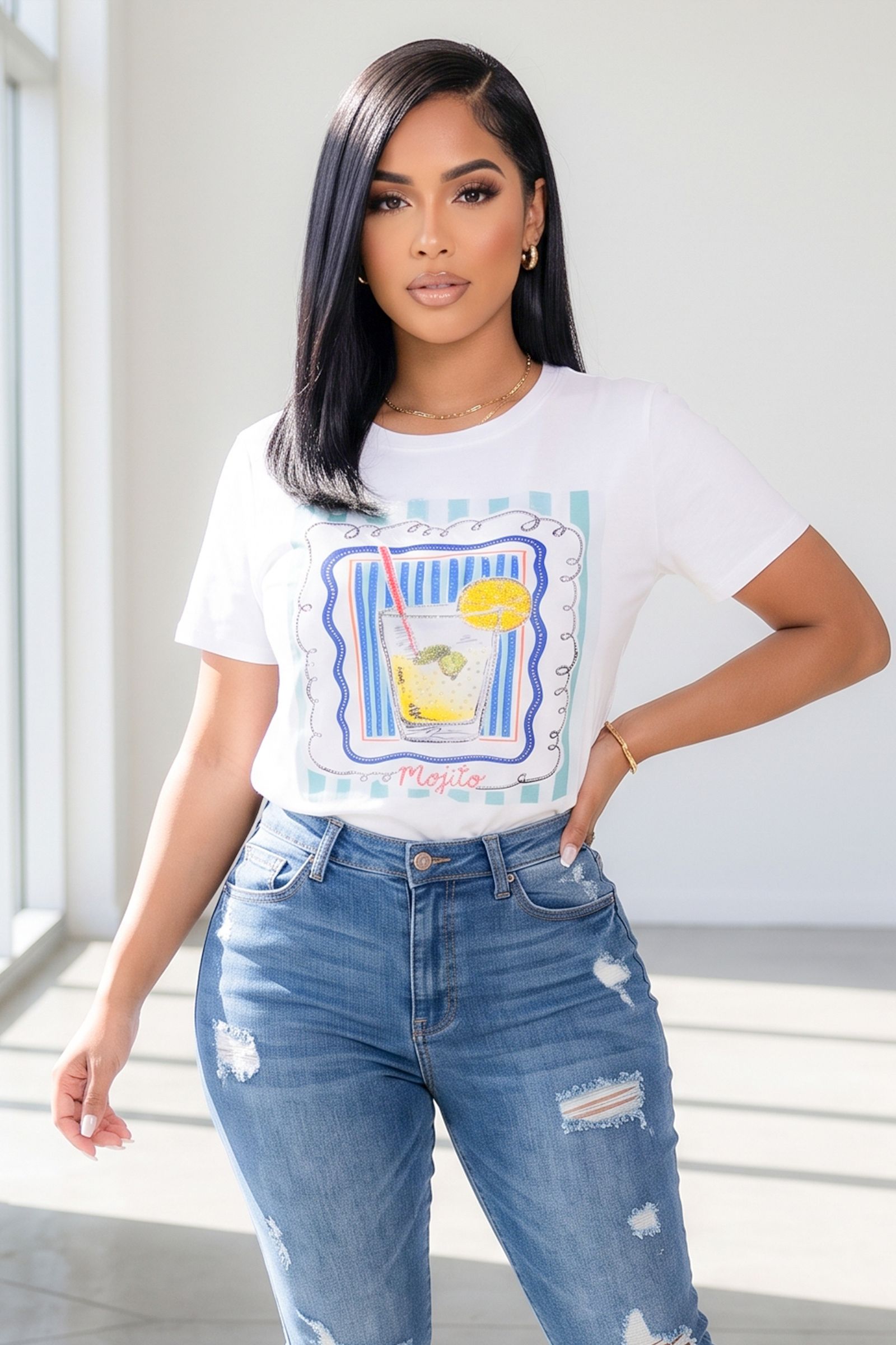 9090-COCKTAIL RHINESTONE EMBEDDED GRAPHIC COTTON SHORT SLEEVE TOP, Contents: