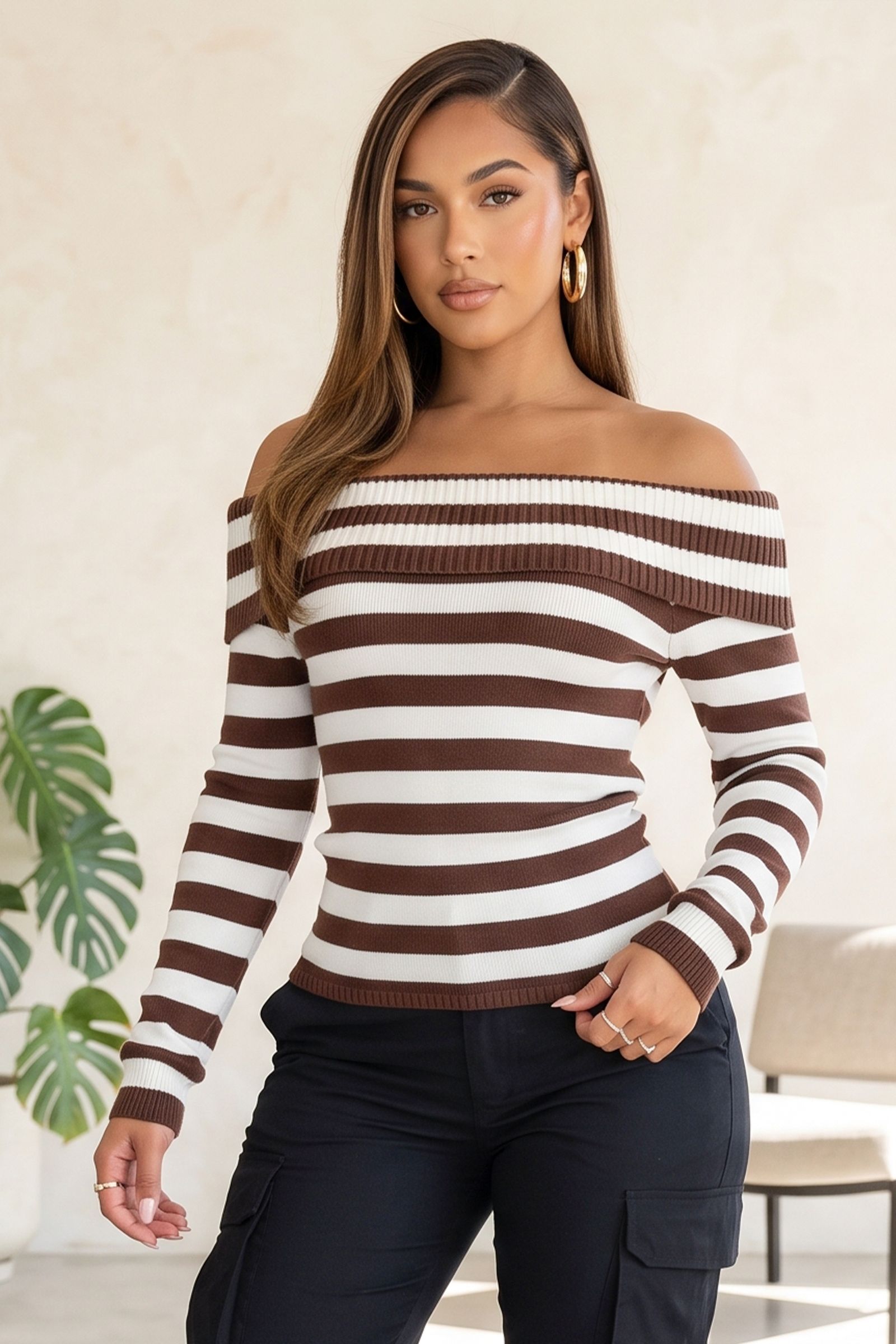 90491-STRIPE PATTERN FOLDED OFF SHOULDER LONG SLEEVE KNIT TOP, Contents: