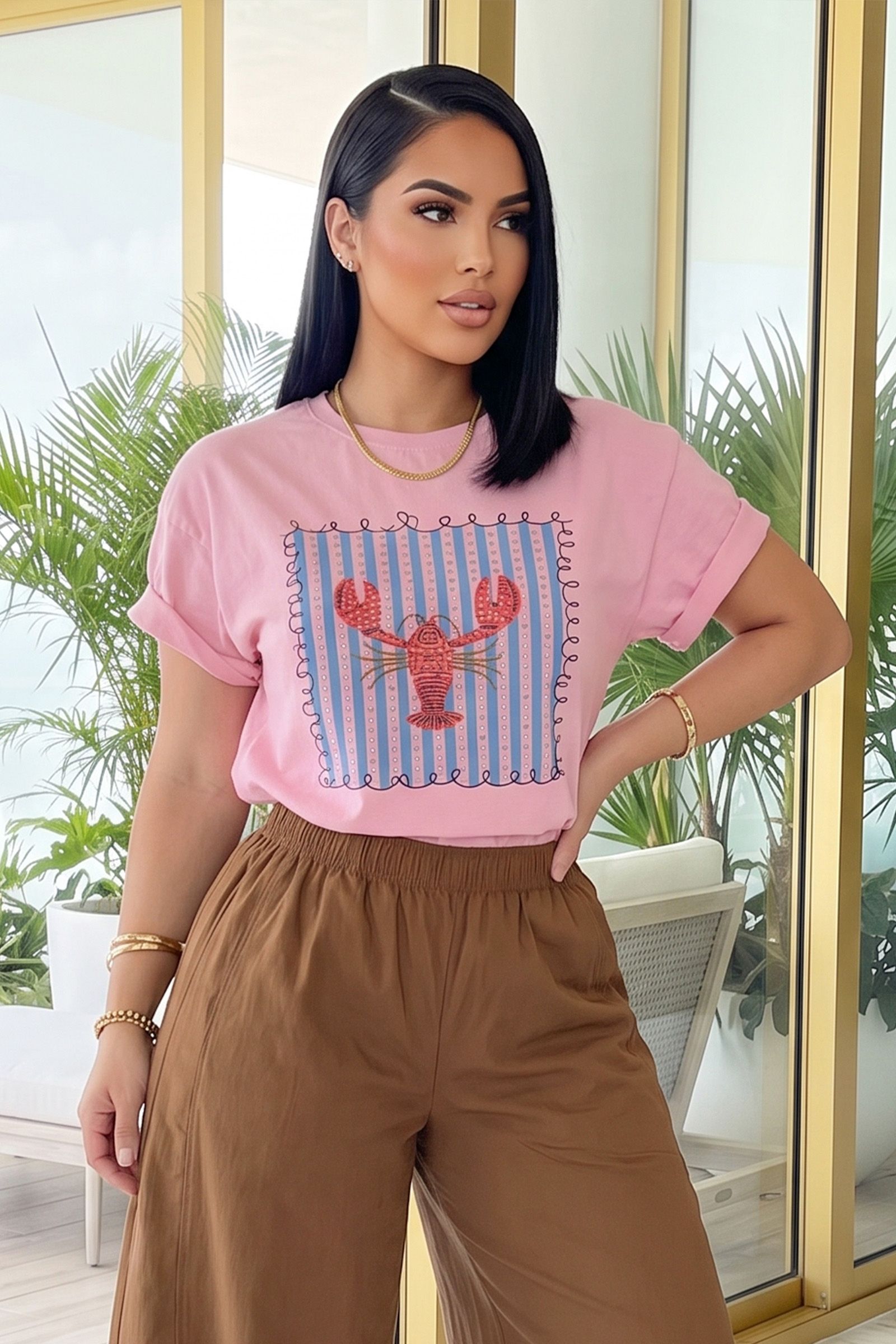 9015-RED LOBSTER PRINTED CASUAL SHORT SLEEVE T-SHIRT, Contents:
