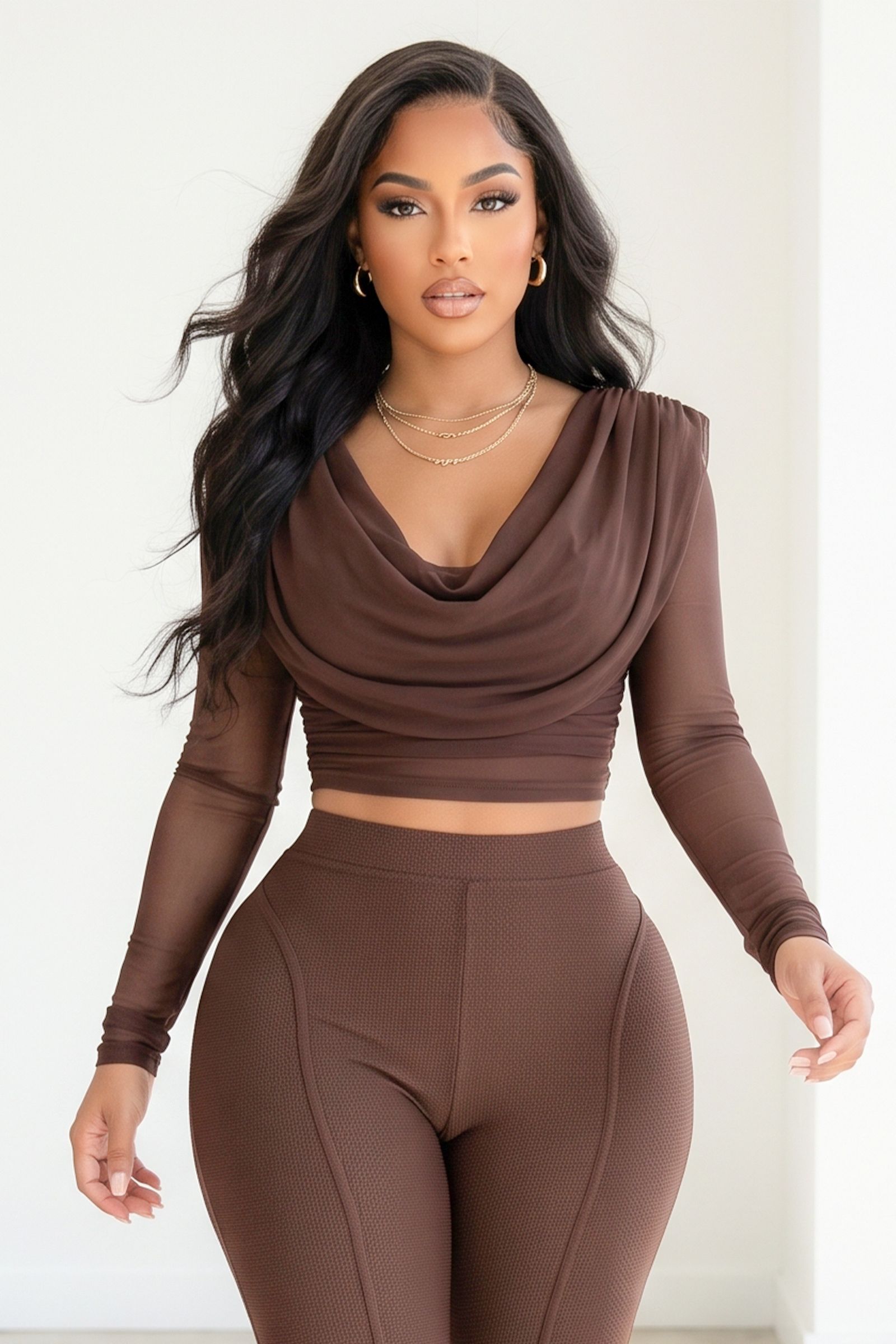 786-LONG SLEEVE COWL V-NECK DRAPE LAYER FRONT MESH TOP, Contents: