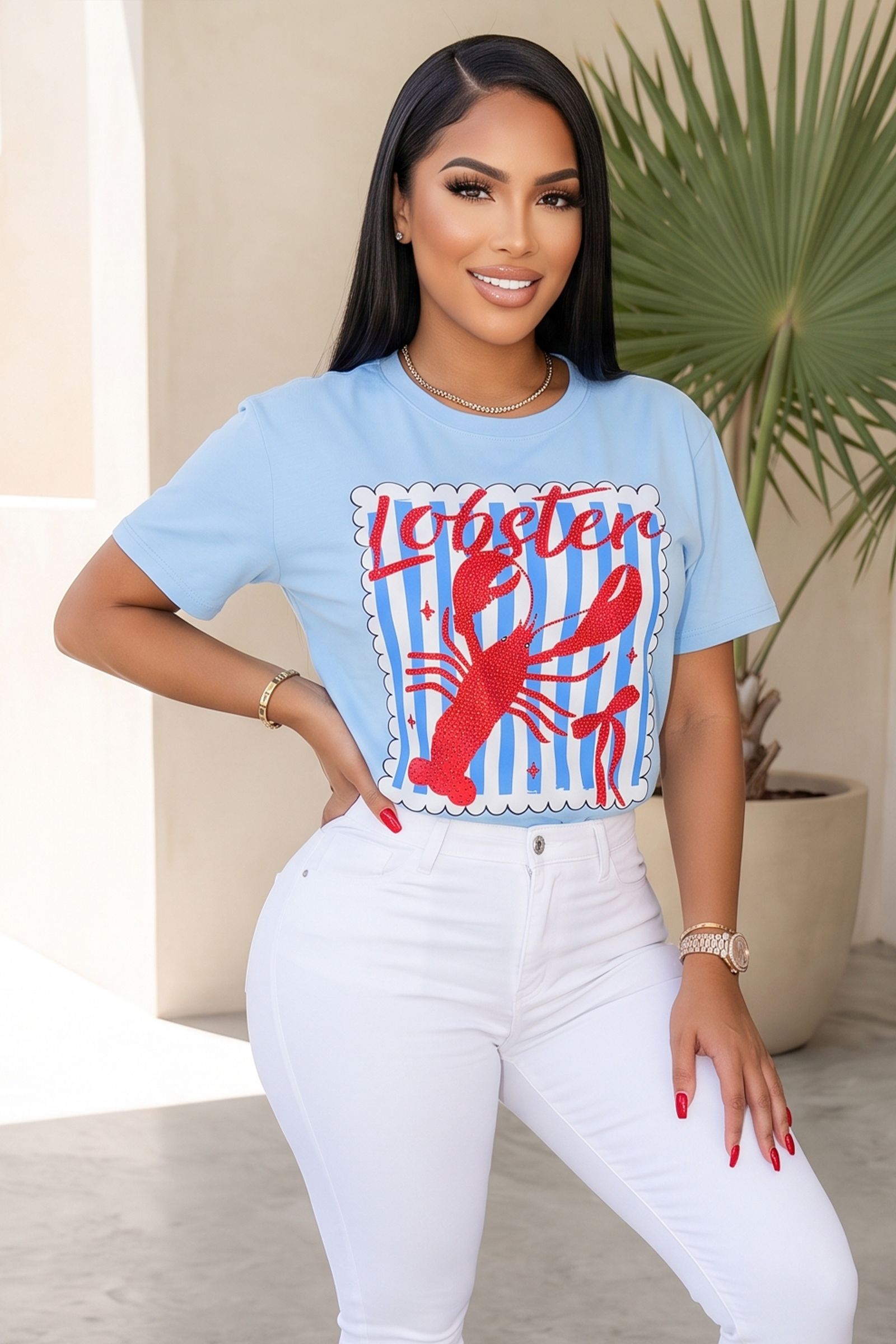 9186-LOBSTER RHINESTONE EMBEDDED GRAPHIC COTTON SHORT SLEEVE TOP, Contents: