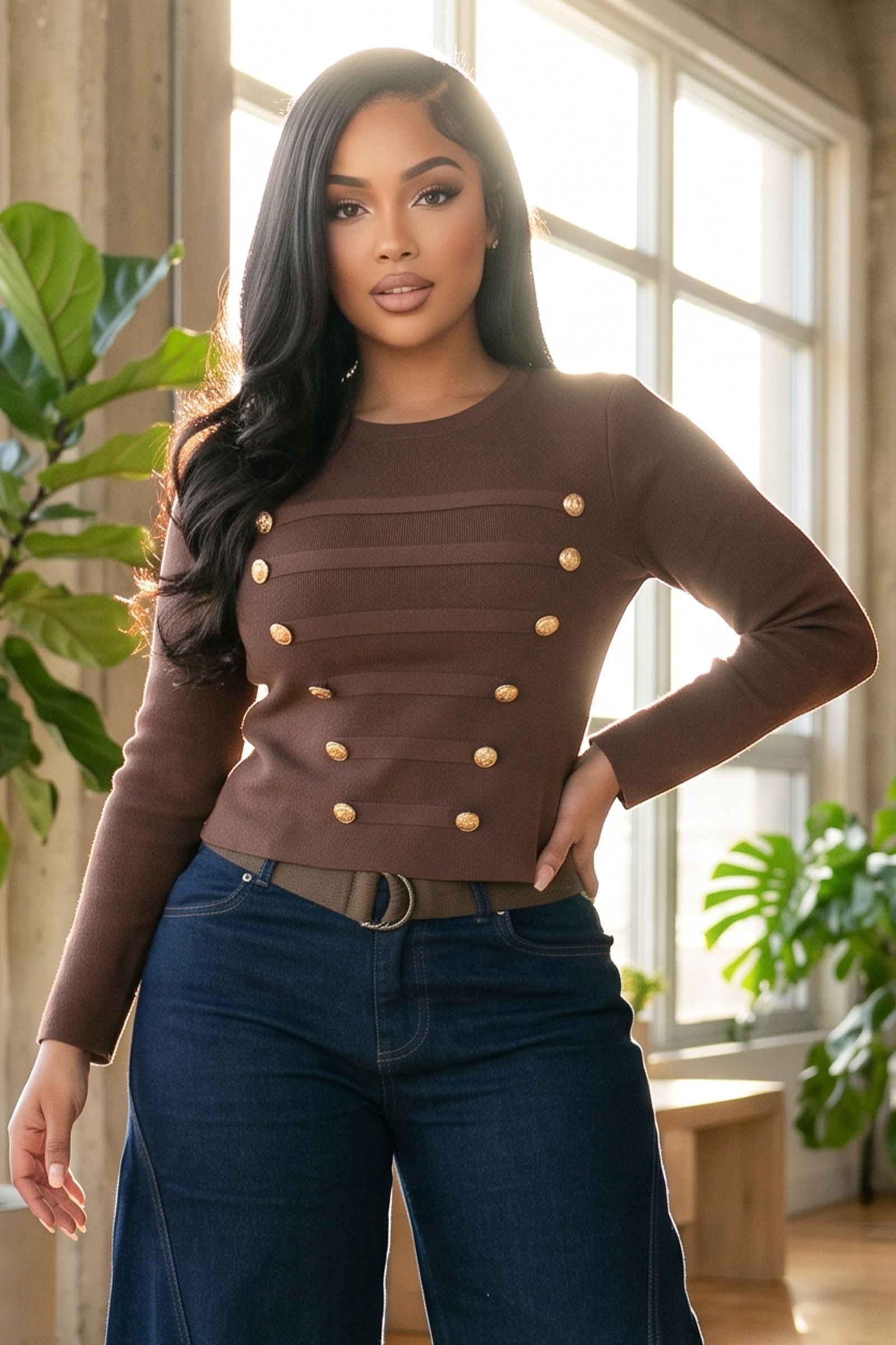 2706-NAPOLEON THEME GOLD BUTTON TRIM LONG SLEEVE ROUND NECK TOP, Contents: