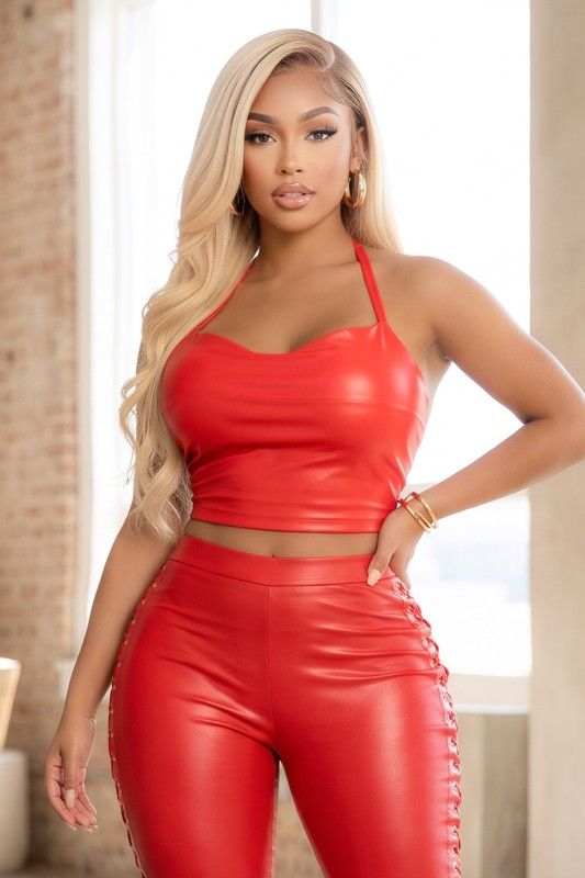 5010-STRETCHY FAUX LEATHER COWL NECK HALTER TOP WITH LACE-UP BACK, Contents: