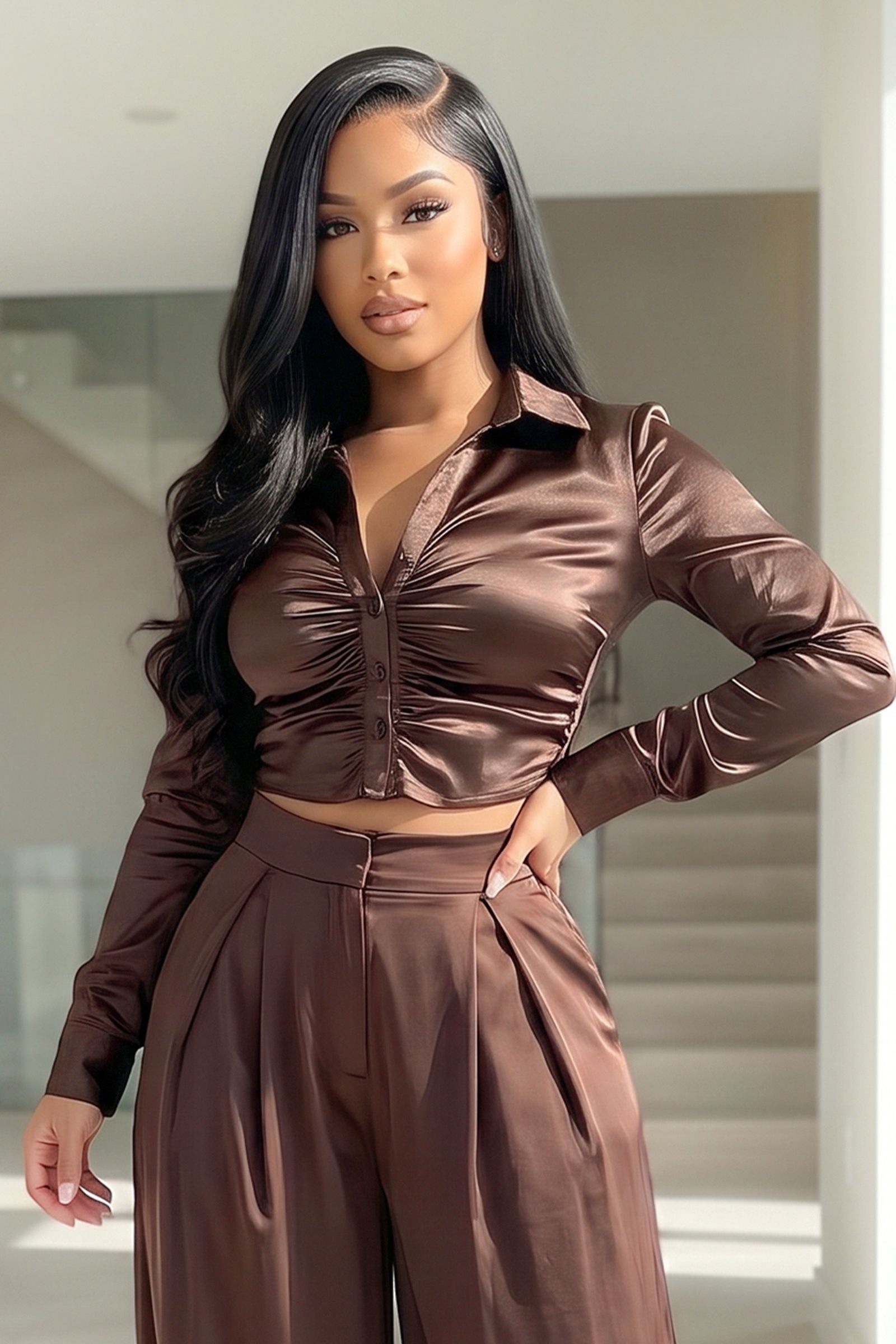 14165-LONG SLEEVE CASINO FABRIC BUTTON DOWN RUCHED COLLAR SHIRT, Contents: