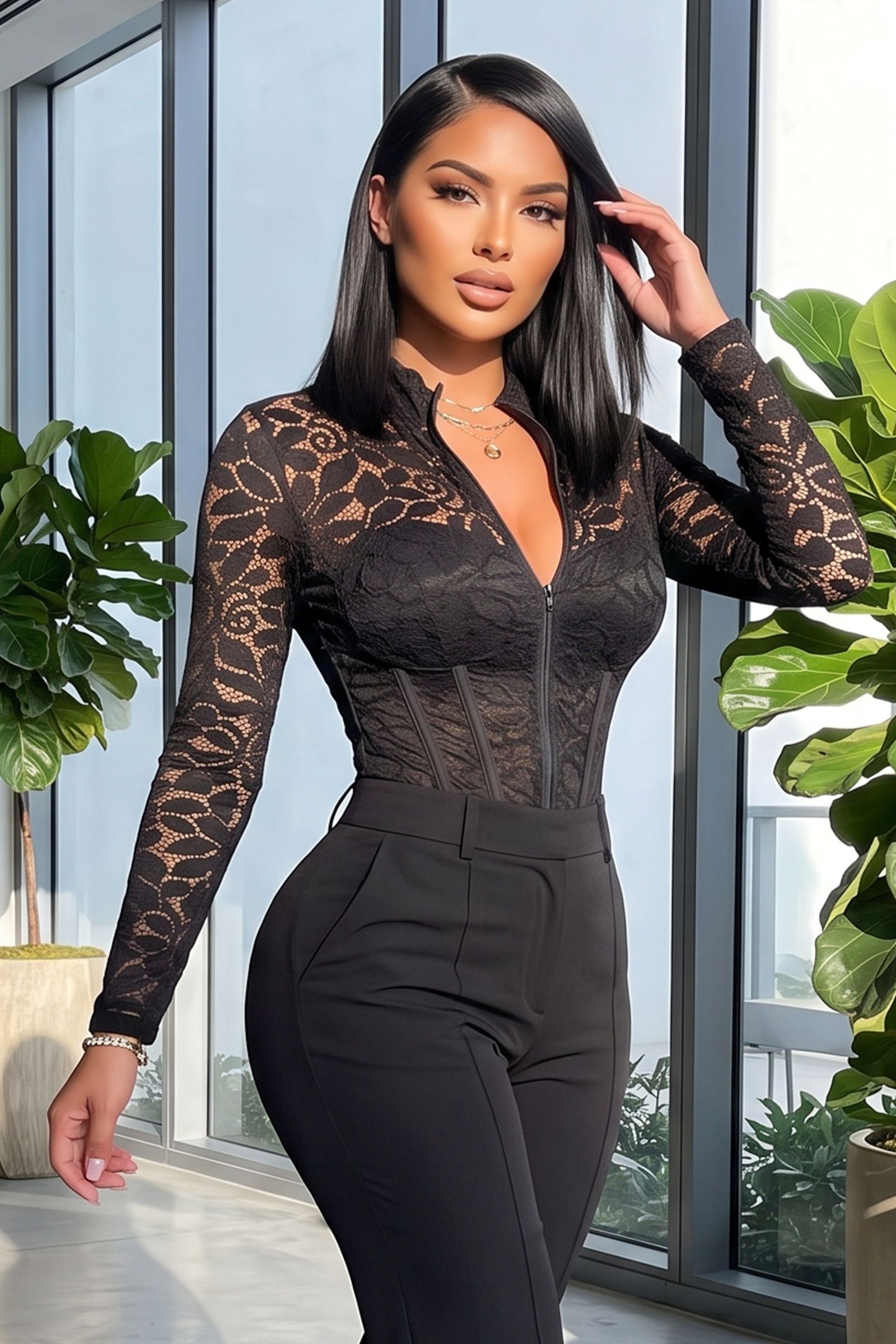 30612-LONG SLEEVE ZIP UP FRONT MOCK NECK LACE BUSTIER TOP, Contents: