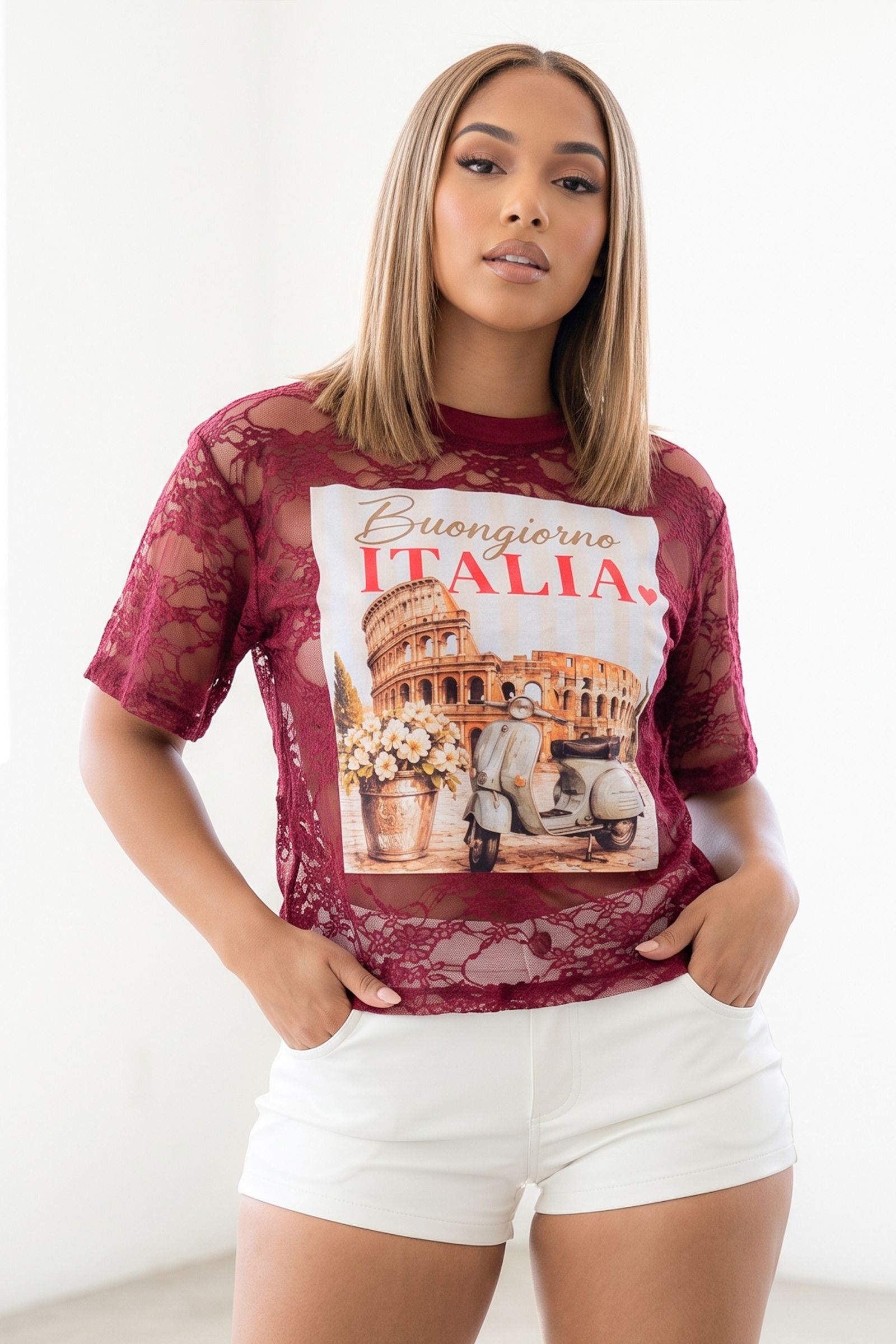 1622LACE-SIGHT OF ITALY GRAPHIC PRINT SHORT SLEEVE LACE TOP, Contents: