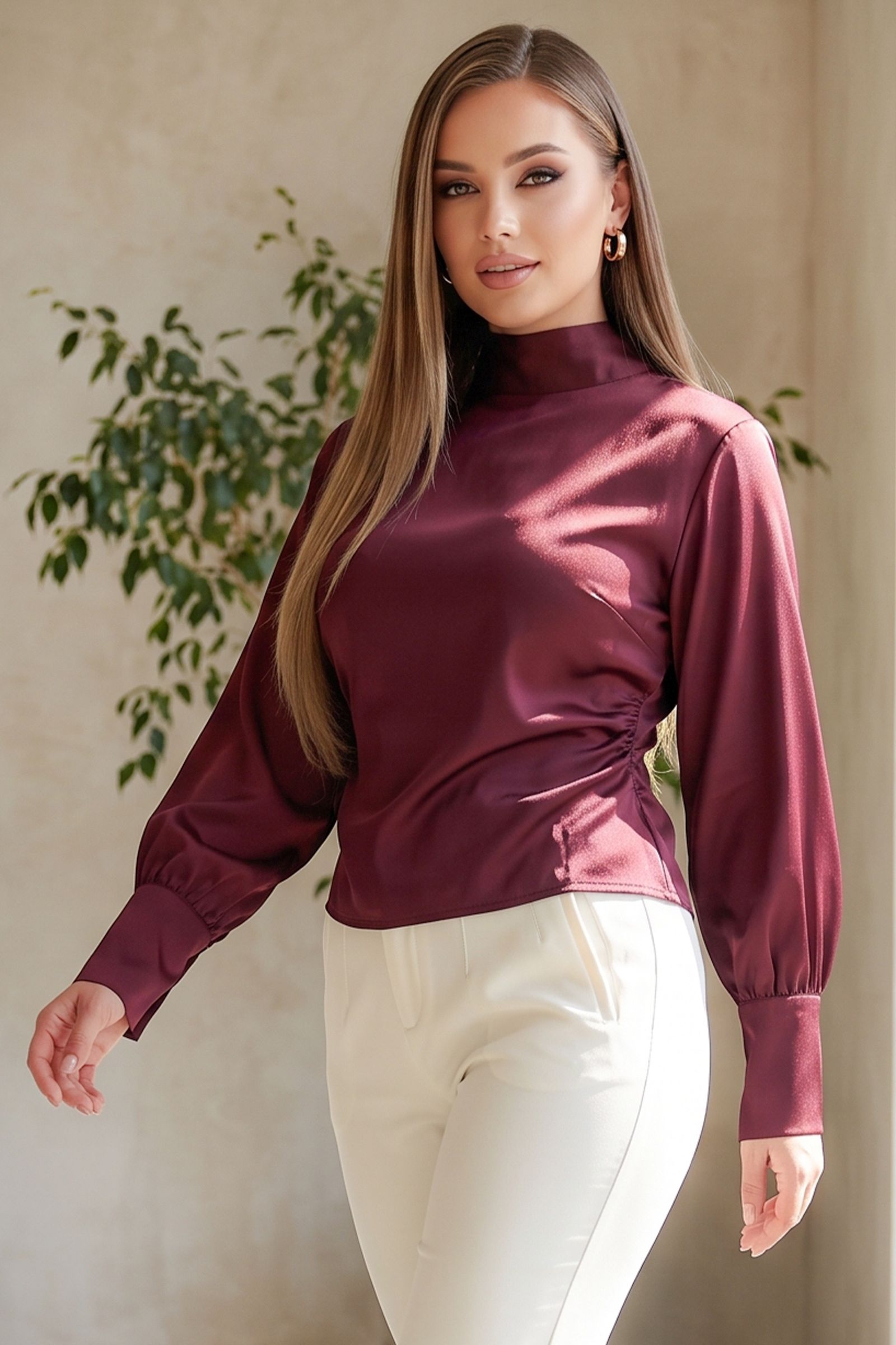 10545-LONG SLEEVE TURTLE NECK SATIN BLOUSE WITH REAR RIBBON TIE, Contents: