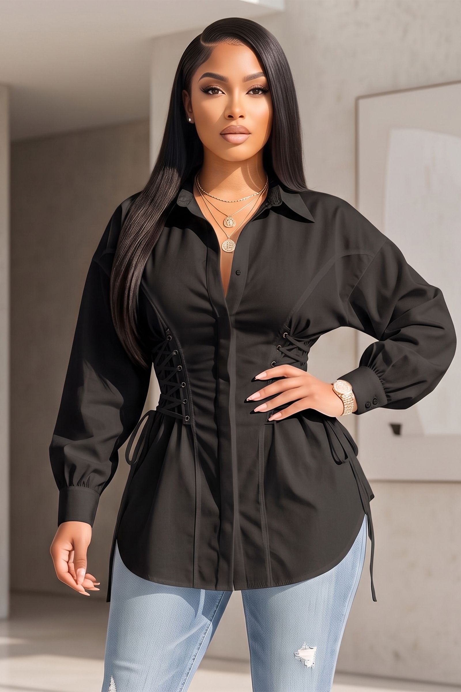 2040-PUFFY LONG SLEEVE BUTTON DOWN WHITE TUNIC SHIRT WITH EYELET, Contents: