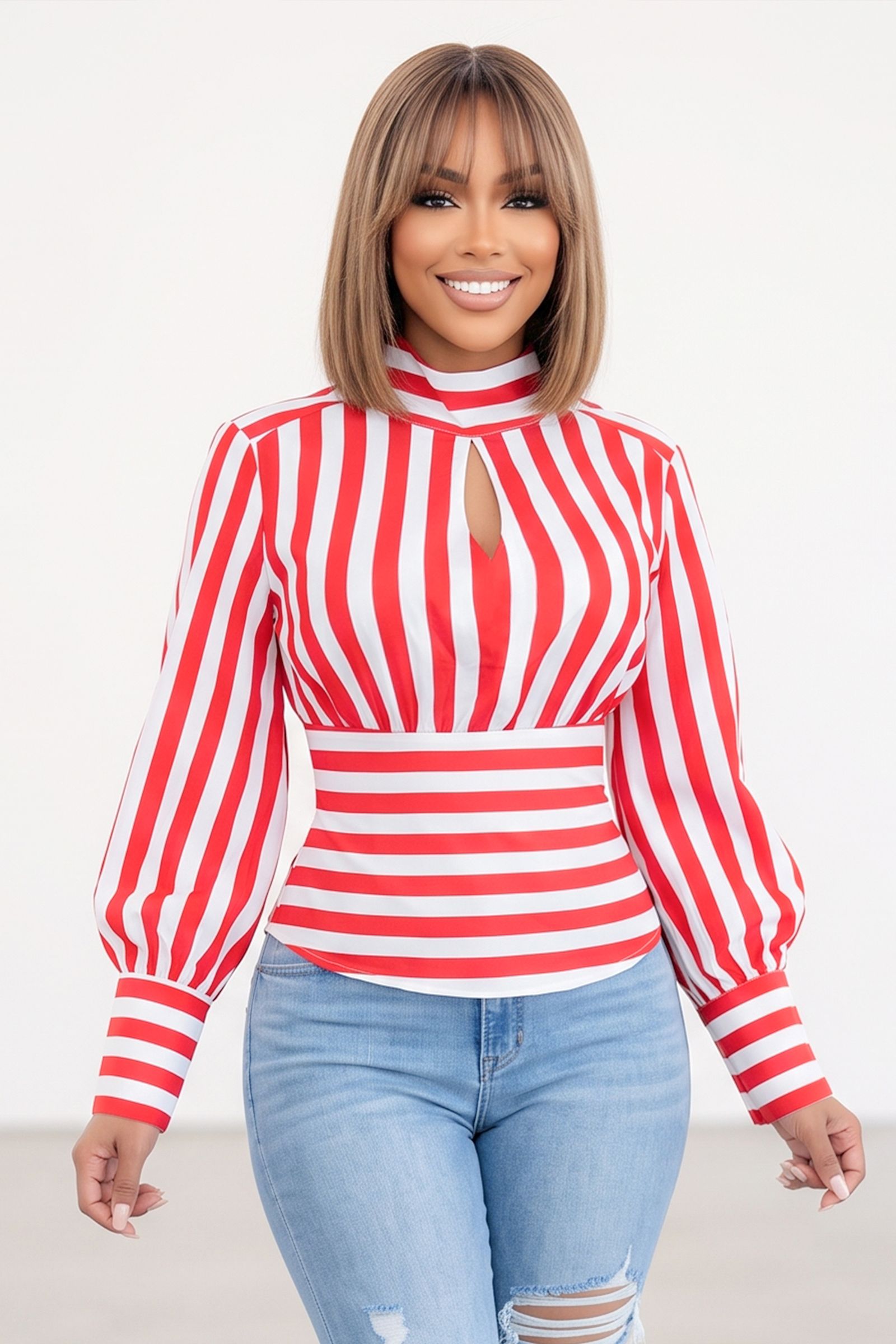 30704-STRIPE PATTERN MOCK NECK KEYHOLE CHEST WAIST TIE BLOUSE TOP, Contents: