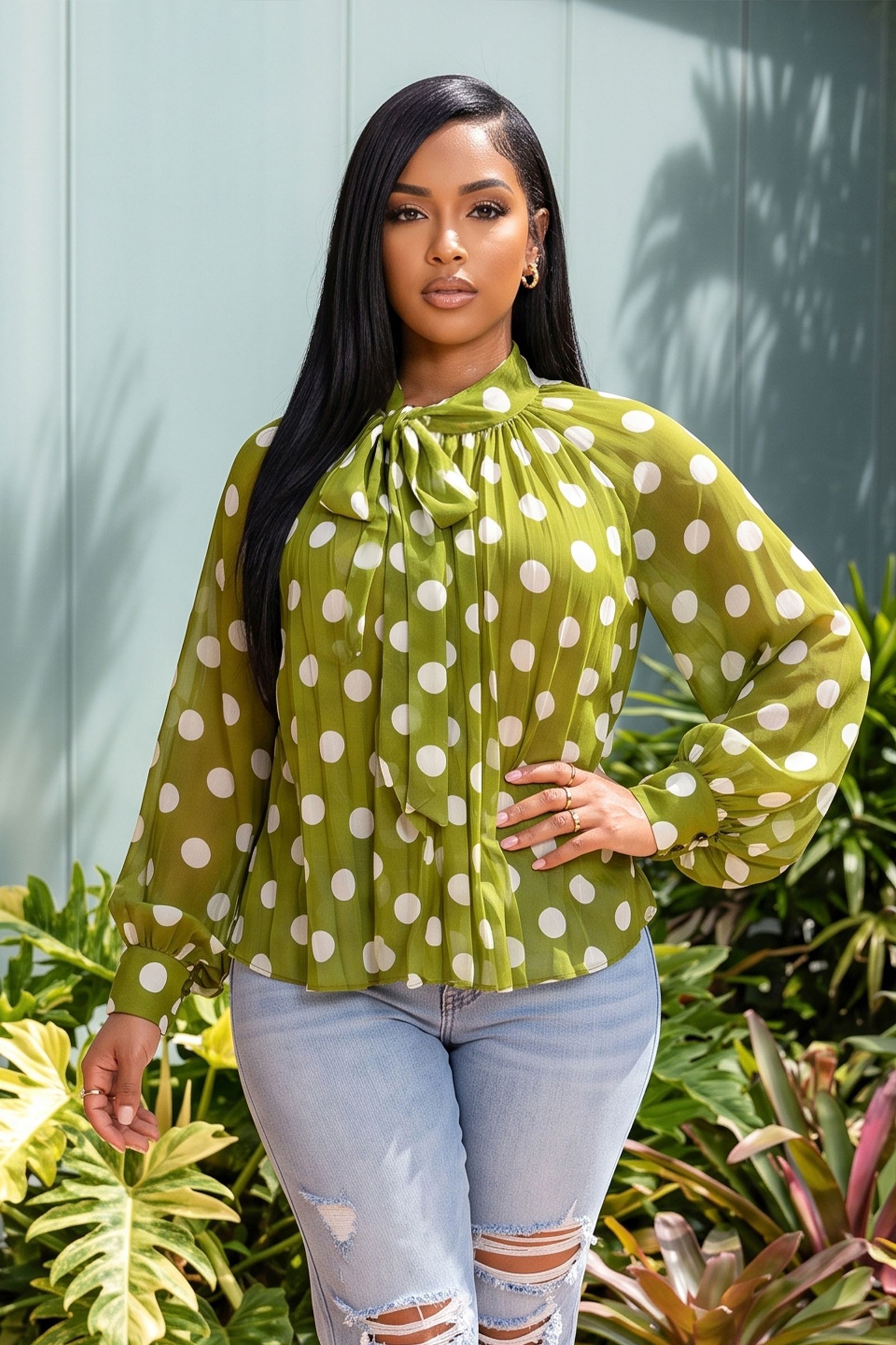 30080-POLKA DOT SHEER CHIFFON PLEATED MOCK NECK BLOUSE WITH RIBBON, Contents: