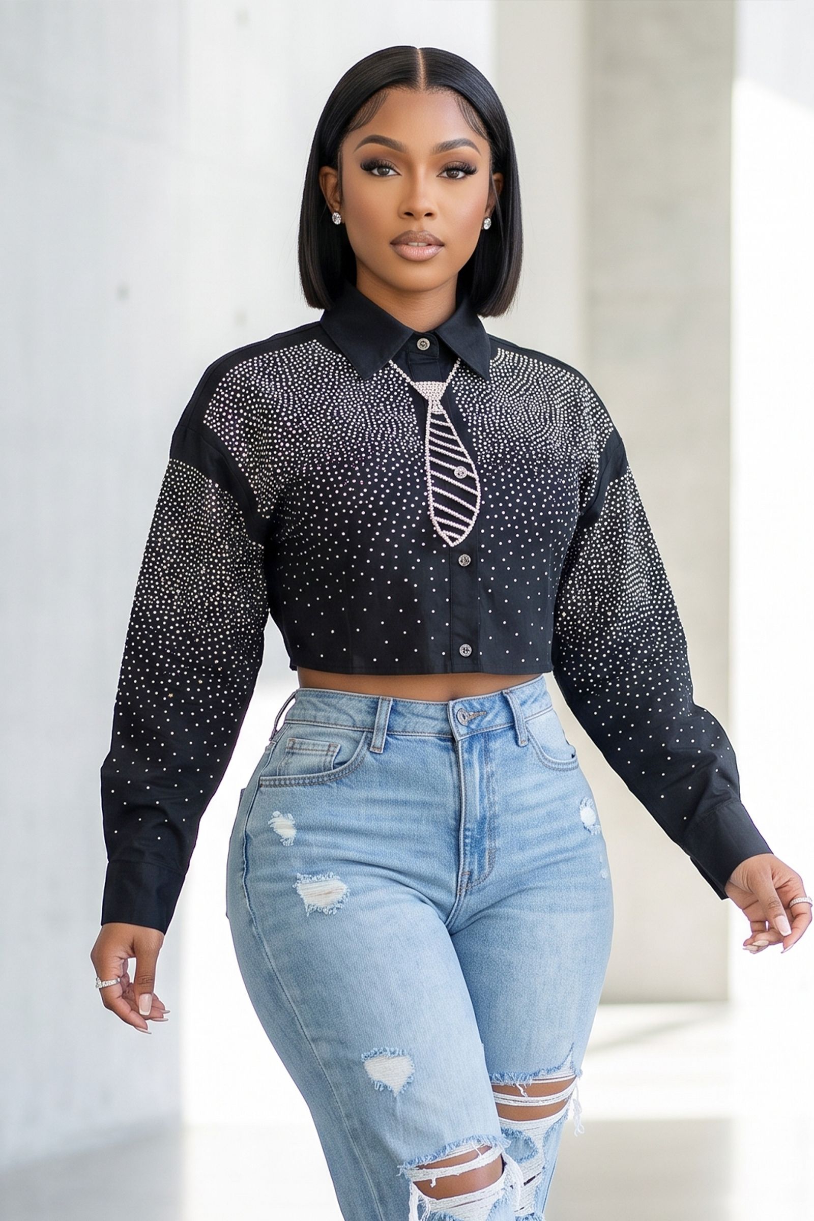 80330-SCATTERED RHINESTONE CROP SHIRT WITH RHINESTONE TIE NECKLACE, Contents: